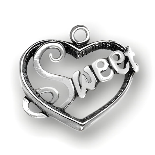 Sweetheart Charm by Charm Factory, made of silver, features a heart shape with the word 'Sweet' in an elegant font.