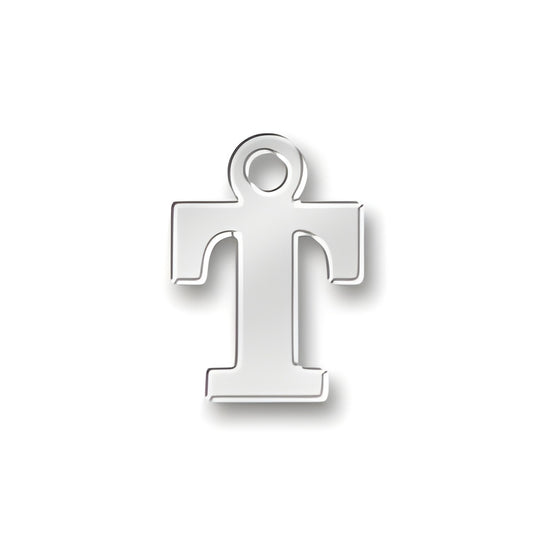 T Letter Charm made of sterling silver, featuring a polished finish and a circular loop for attachment.