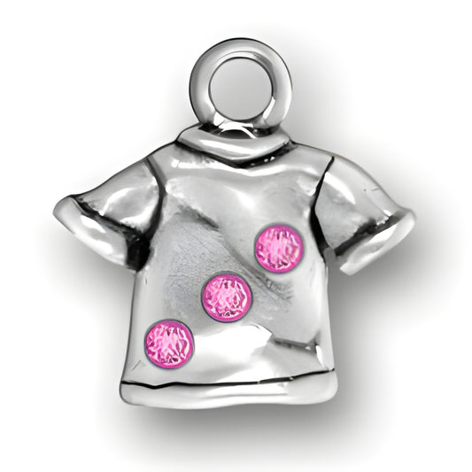 Charm Factory T-Shirt charm made of silver with three pink crystal accents on the front.