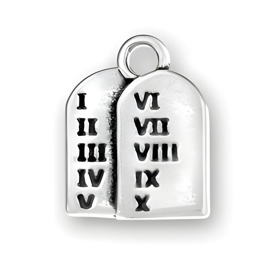 Ten Commandments Charm made of sterling silver, featuring two tablets with Roman numerals I-X engraved on them.