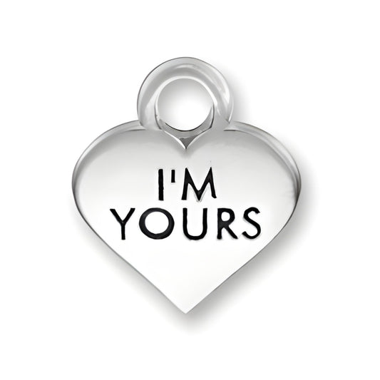 Thin I'm Yours Heart Charm made of polished silver, featuring the engraved text 'I'M YOURS' in bold letters.