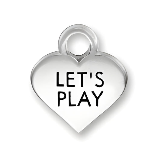 Thin Let's Play Heart Charm made of polished silver, featuring the engraved text 'LET'S PLAY' in bold black letters.
