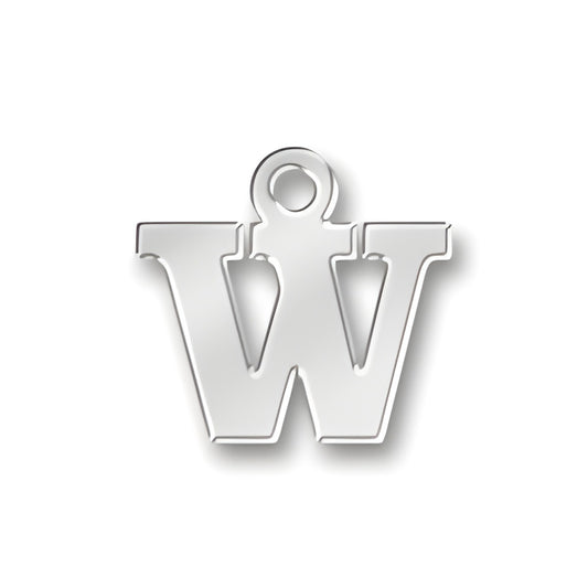 W Letter Charm made of sterling silver, featuring a bold, stylized letter 'W' with a loop for attachment.