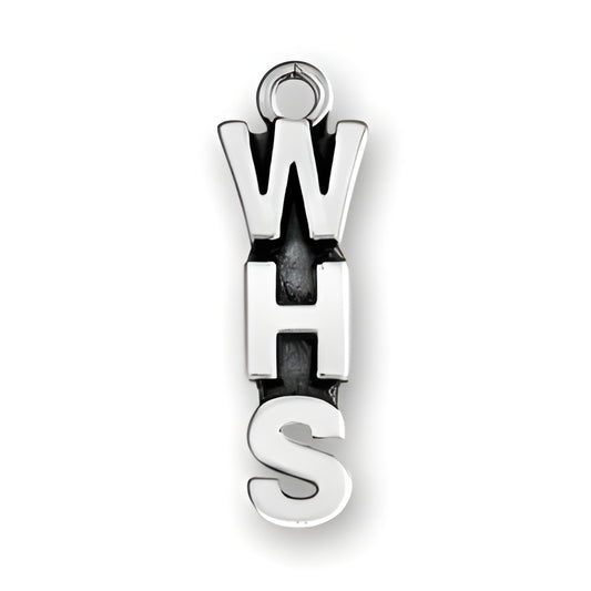 WHS charm made of sterling silver, featuring bold letters 'W', 'H', and 'S' in a vertical arrangement.