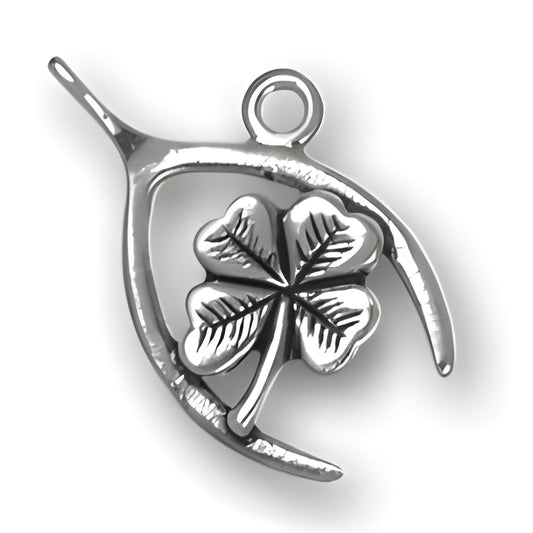 Sterling silver charm featuring a wishbone design with a four leaf clover at its center.