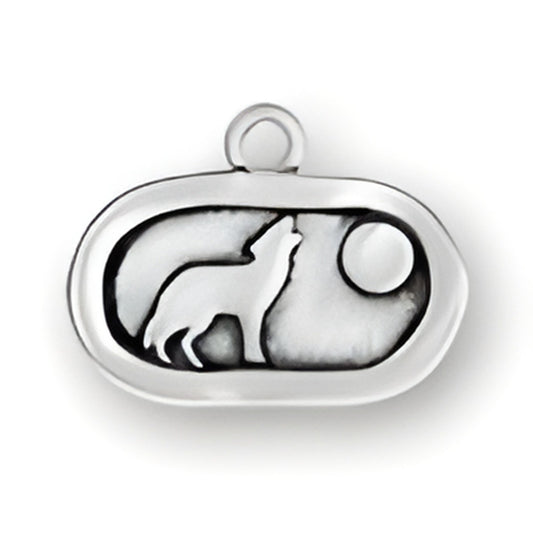 Wolf Charm by Charm Factory, made of silver, featuring a howling wolf silhouette against a moon background.
