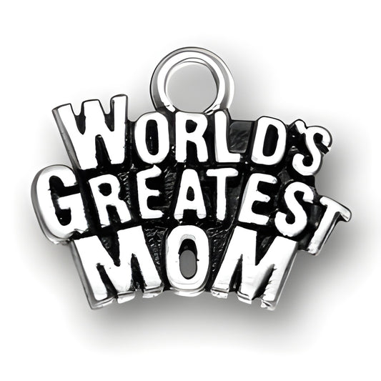 Sterling silver charm featuring the words 'WORLD'S GREATEST MOM' in bold, playful lettering.