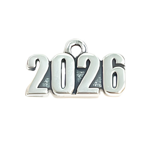 Charm Factory Year 2026 Charm, made of polished silver-tone metal, featuring bold, three-dimensional numbers.