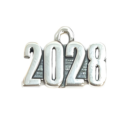 Charm Factory Year 2028 Charm, made of silver-tone metal, featuring bold numbers with a textured background.