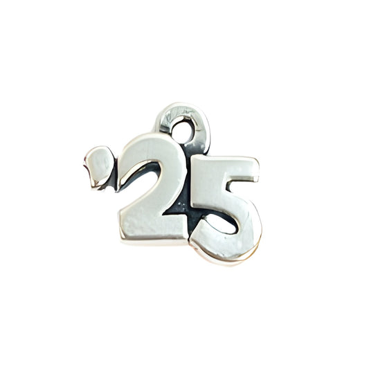 Charm Factory Year '25 Charm, crafted from shiny silver metal, featuring the number 25 in a bold design.