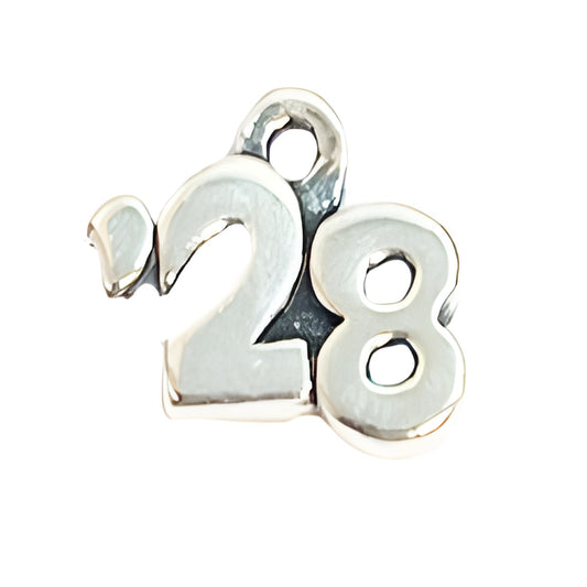 Charm Factory Year '28 Charm, made of polished silver, featuring the numbers 2 and 8 in a stylish design.