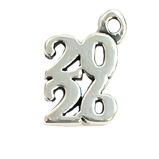 Charm Factory 2026 Charm, made of silver, features the numbers 2026 in a stylish, intertwined design.