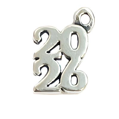 Charm Factory 2026 Charm, made of silver, features the numbers 2026 in a stylish, intertwined design.