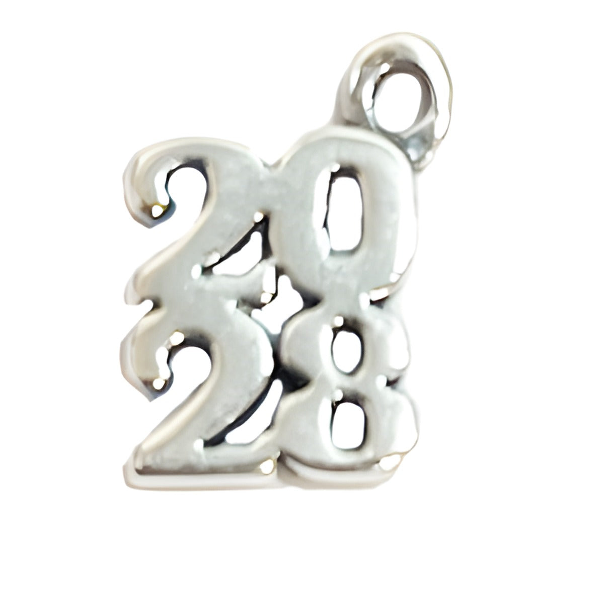 Charm Factory 2028 Charm made of polished silver, featuring the numbers 2028 in a decorative design.