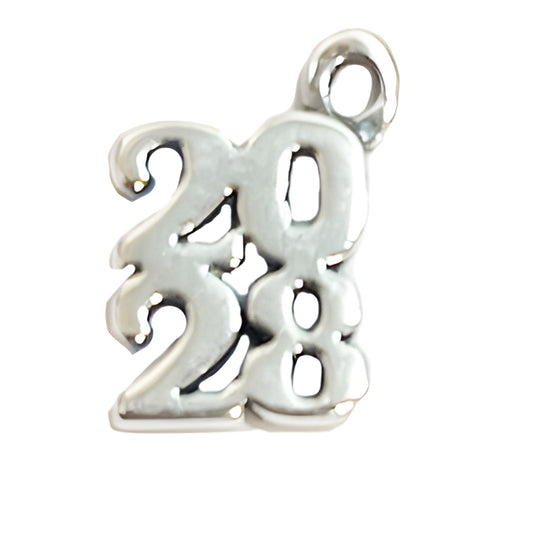 Charm Factory 2028 Charm made of polished silver, featuring the numbers 2028 in a decorative design.