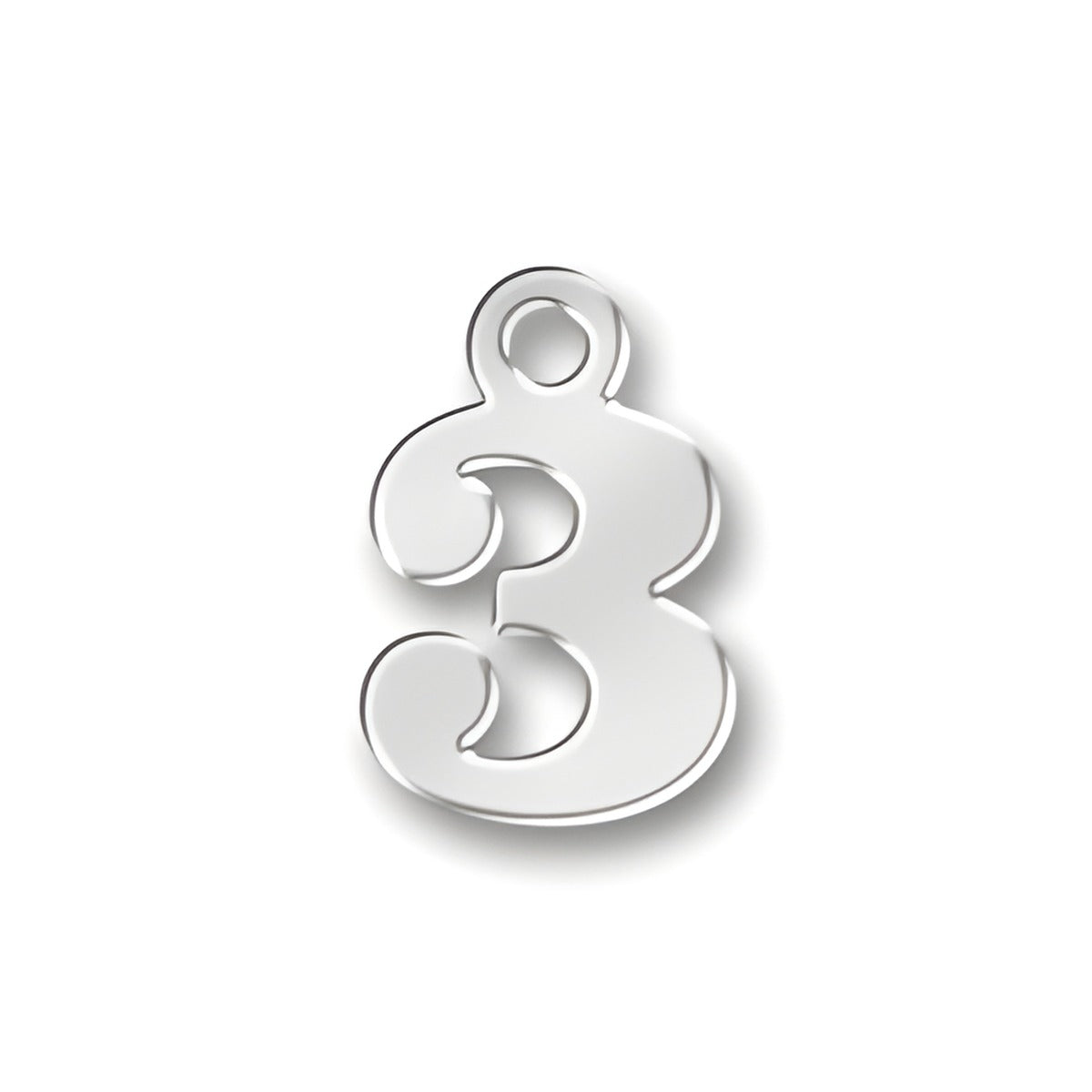 Sterling silver charm in the shape of the number 3, featuring a smooth, polished finish and a loop for attachment.
