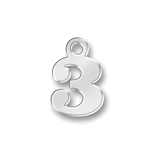 Sterling silver charm in the shape of the number 3, featuring a smooth, polished surface and a loop for attachment.