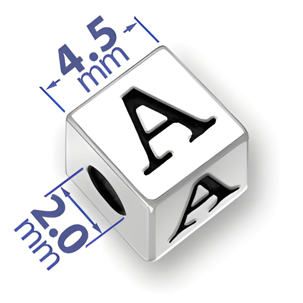 4.5mm square sterling silver letter block bead featuring the letter 'A' with a 2mm hole for threading.-6