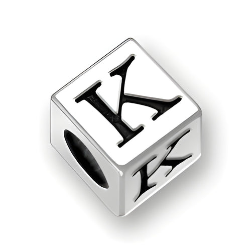 4.5mm square sterling silver letter block bead featuring the letter 'K' with a 2mm hole for threading.