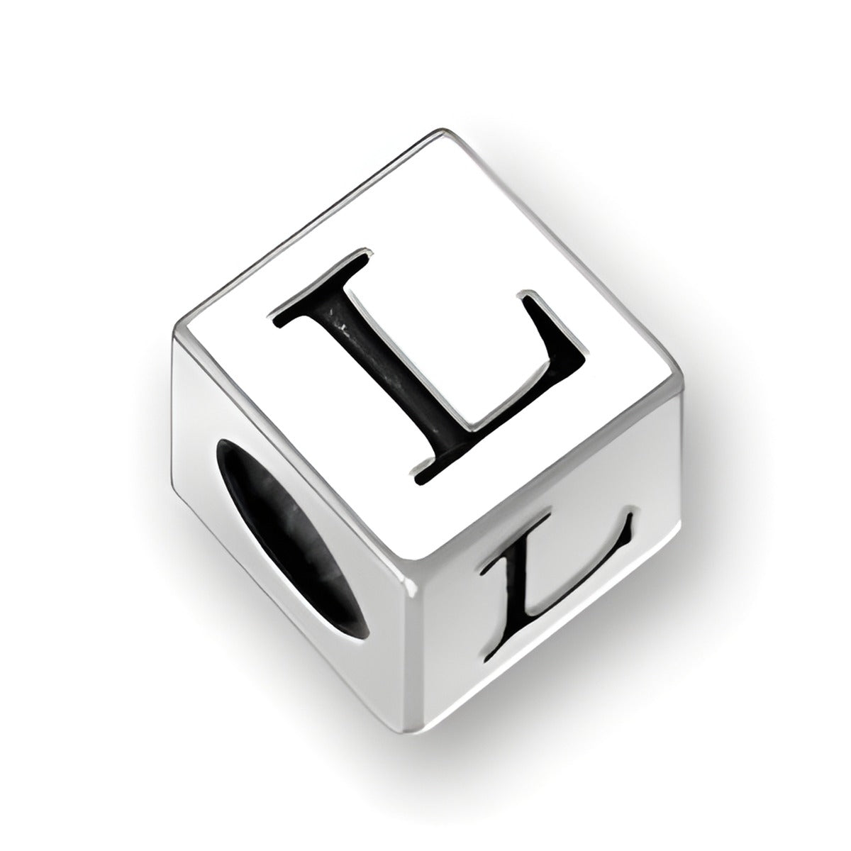 Sterling silver 4.5mm square letter block bead featuring the letter 'L', with a 2mm hole for threading.
