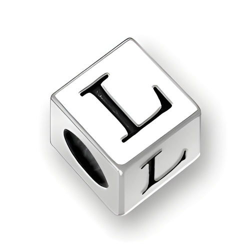 Sterling silver 4.5mm square letter block bead featuring the letter 'L', with a 2mm hole for threading.