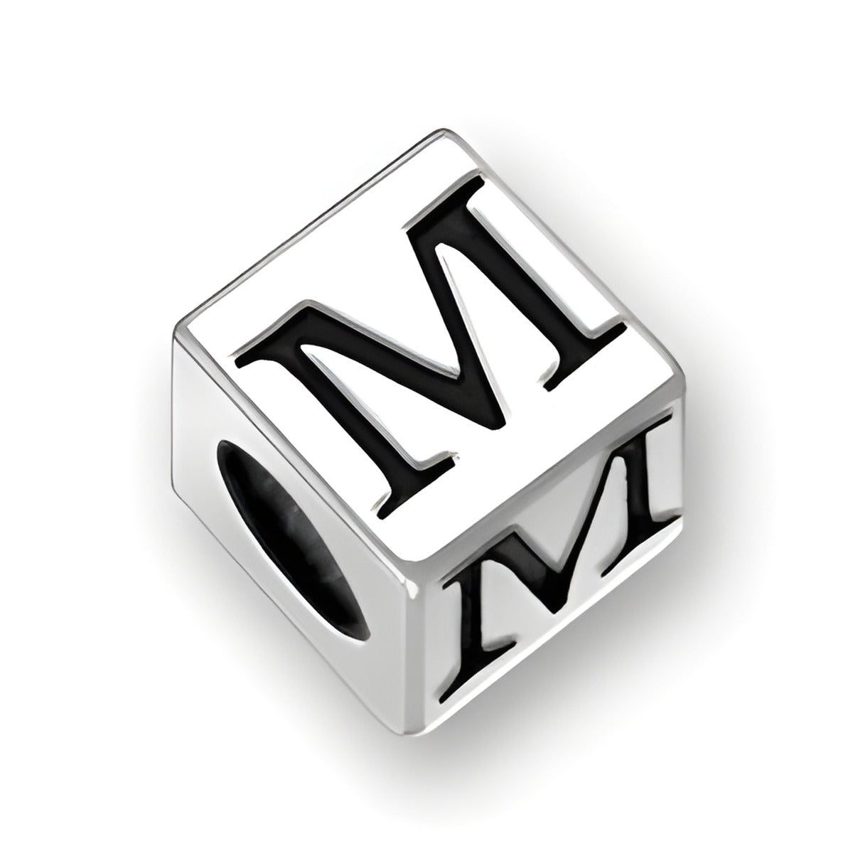 4.5mm square letter block bead in sterling silver featuring the letter 'M' with a 2mm hole.