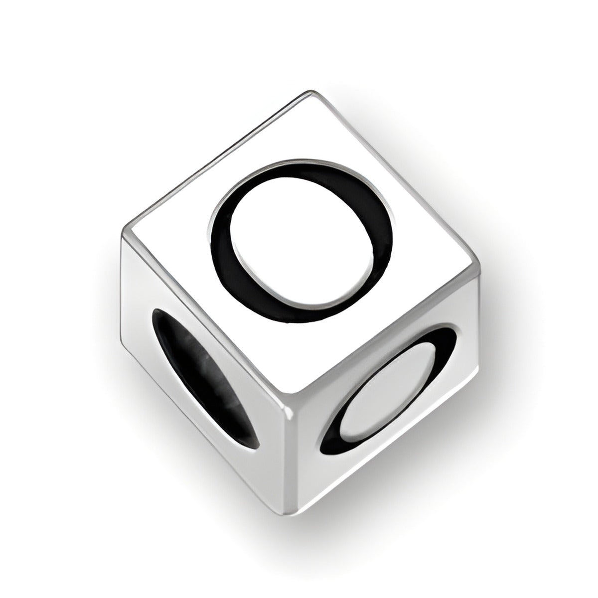 4.5mm square letter block bead in sterling silver featuring the letter 'O' with a 2mm hole for threading.