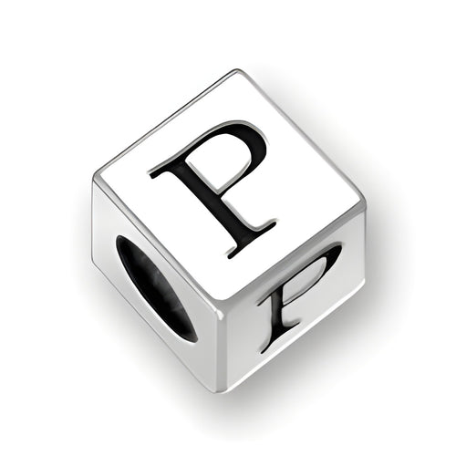 4.5mm square letter block bead in sterling silver featuring the letter 'P', with a 2mm hole for threading.