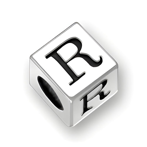 4.5mm square sterling silver letter block bead featuring the letter 'R' with a 2mm hole for jewelry making.