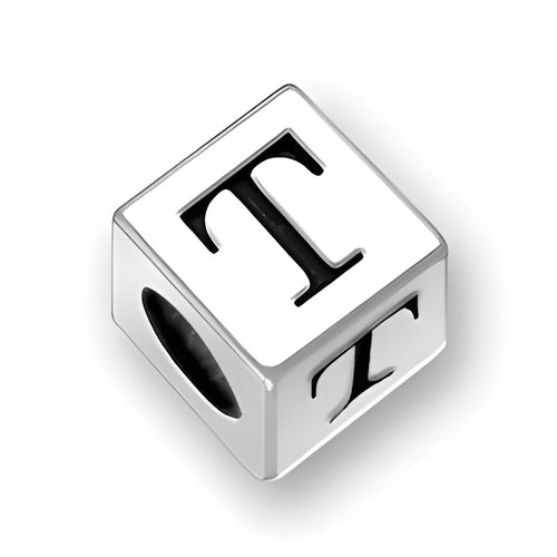 4.5mm square sterling silver letter block bead featuring the letter 'T' with a 2mm hole for threading.