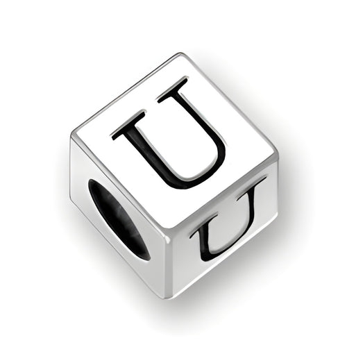 4.5mm square sterling silver letter block bead featuring the letter 'U', with a 2mm hole for threading.