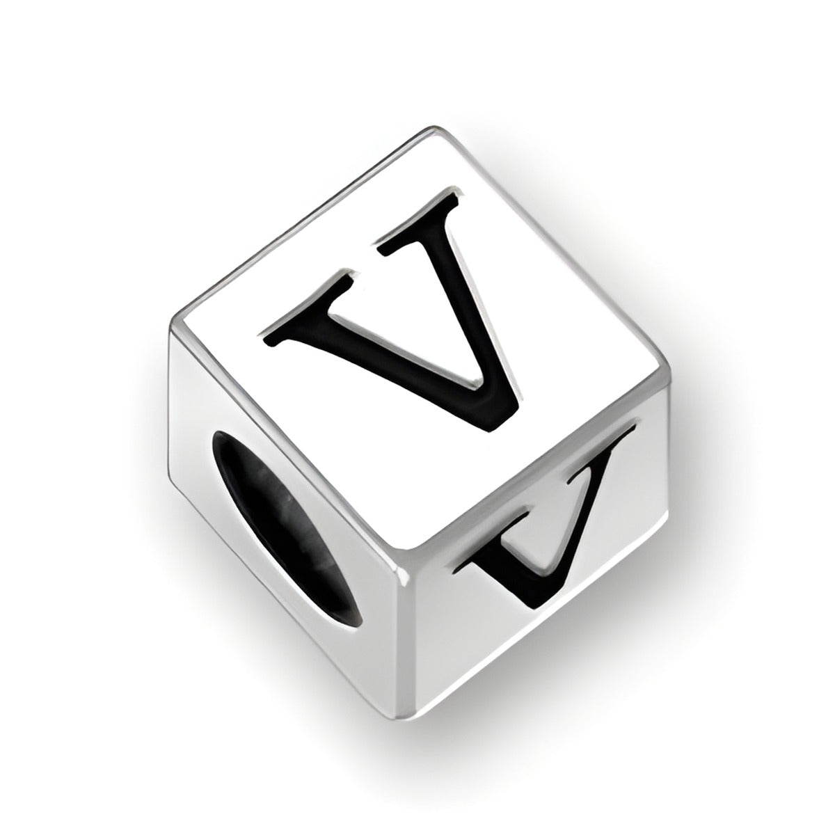4.5mm Square Letter Block Bead in sterling silver, featuring the letter 'V' with a 2mm hole for jewelry making.
