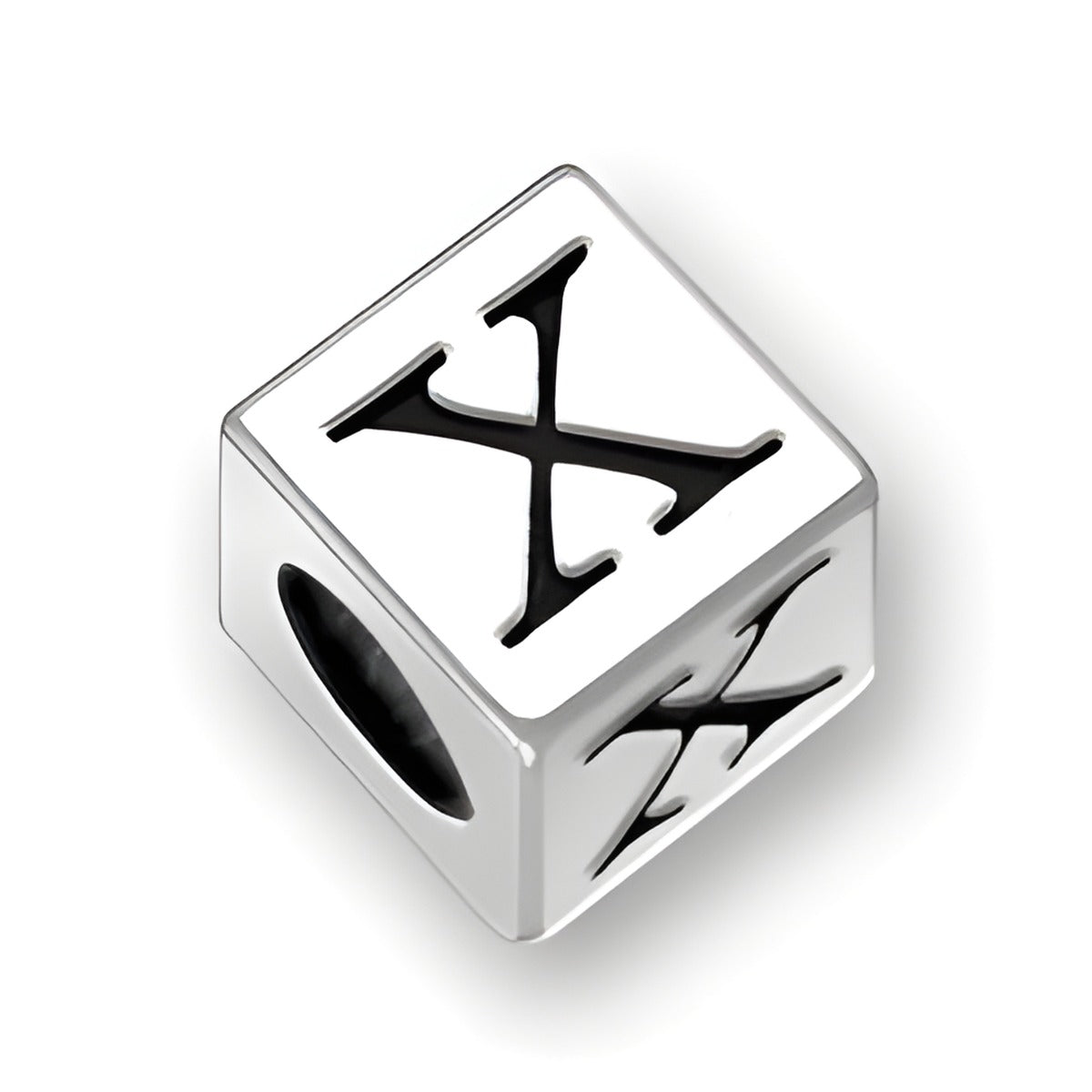 4.5mm square sterling silver letter block bead featuring the letter 'X' with a 2mm hole for jewelry making.
