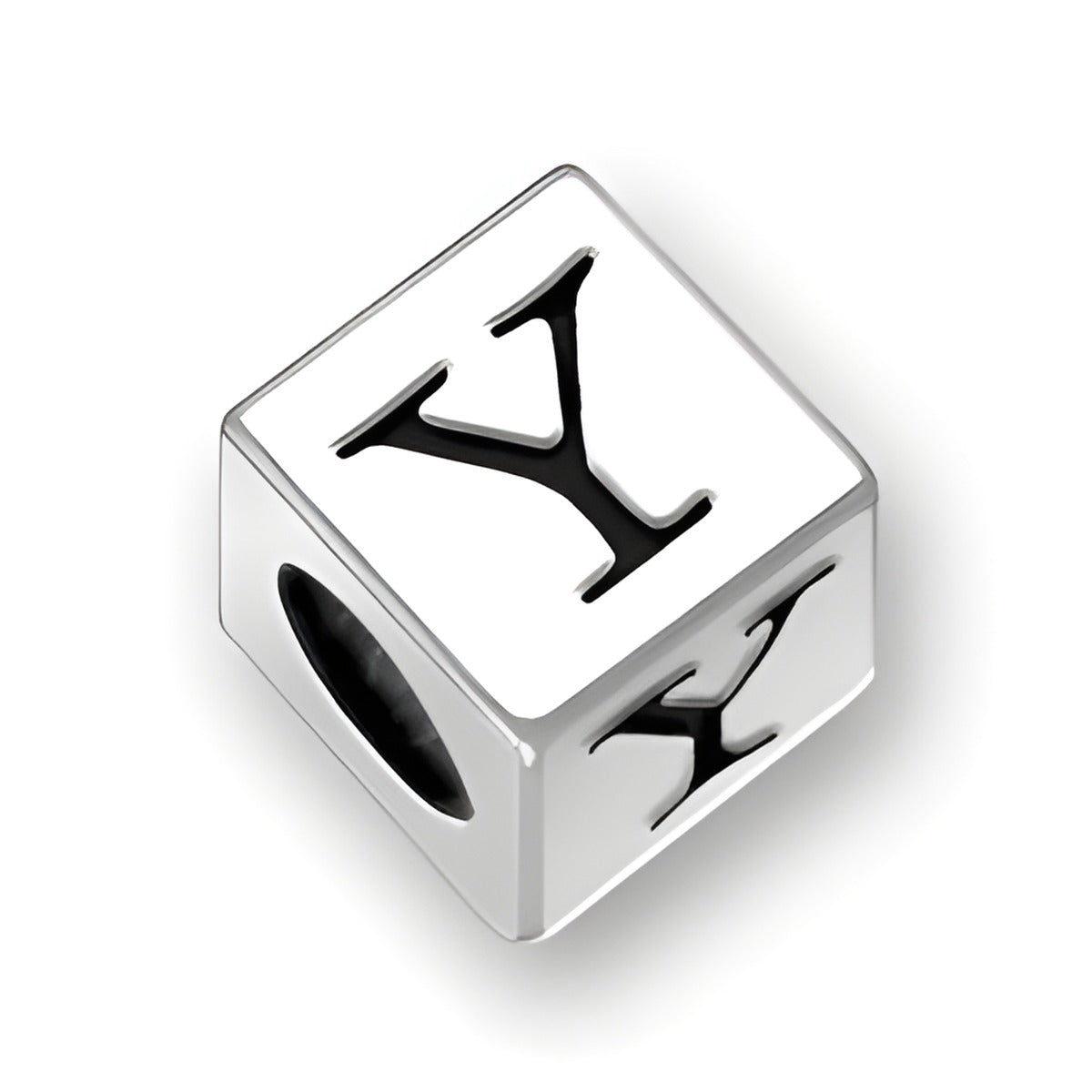 4.5mm square sterling silver letter block bead featuring the letter 'Y', with a 2mm hole for threading.