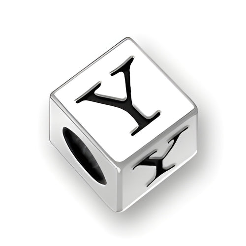 4.5mm square sterling silver letter block bead featuring the letter 'Y', with a 2mm hole for threading.