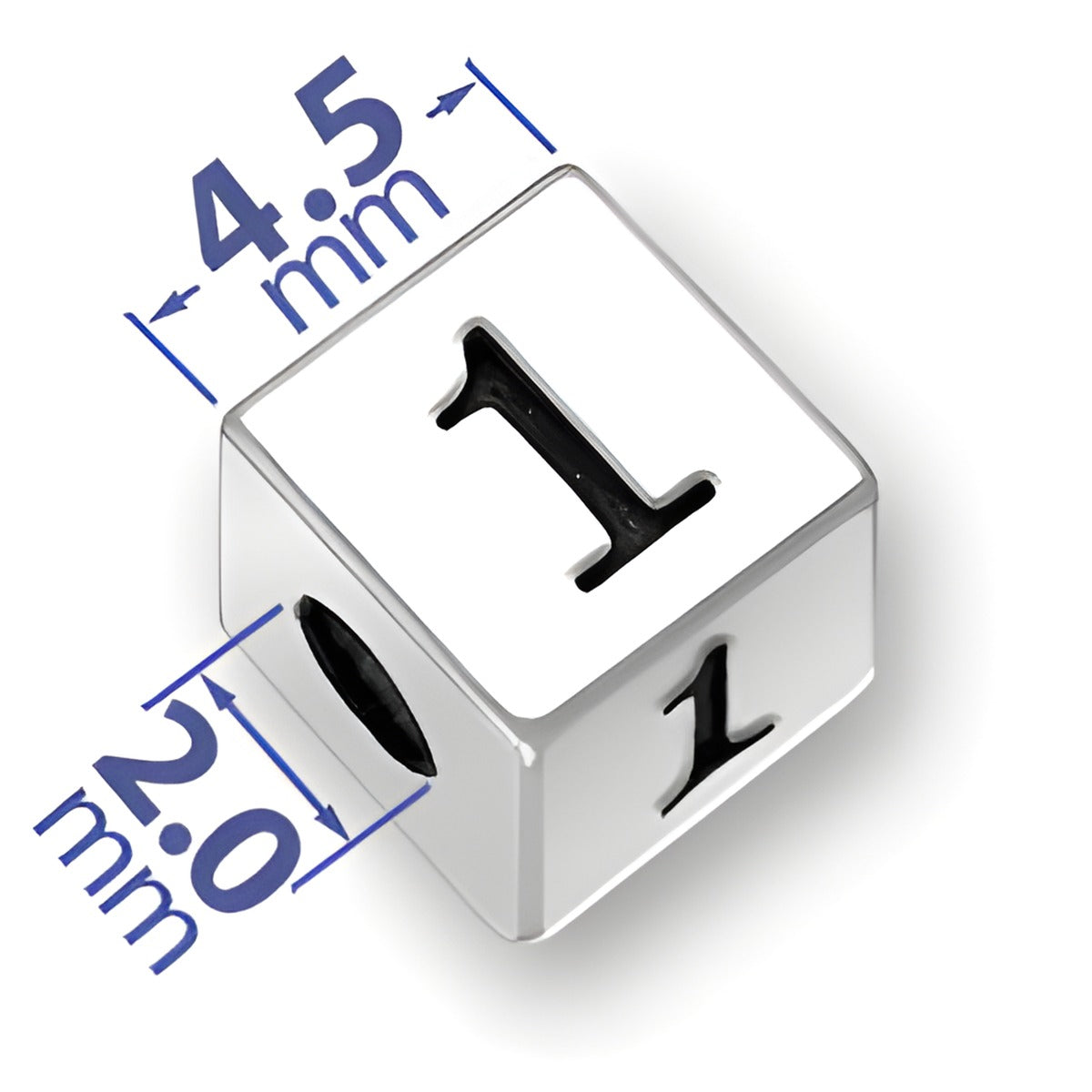 4.5mm square sterling silver letter block bead with a black '1' on one side and a 2mm hole for threading.