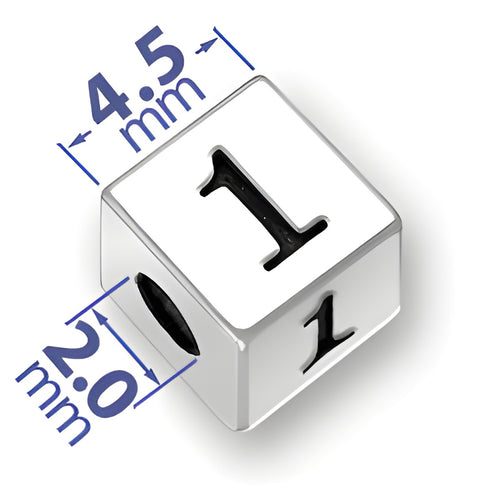 4.5mm square sterling silver letter block bead with a black '1' on one side and a 2mm hole for threading.