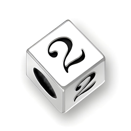 4.5mm square letter block bead in sterling silver, featuring the number '2' with a 2mm hole for threading.
