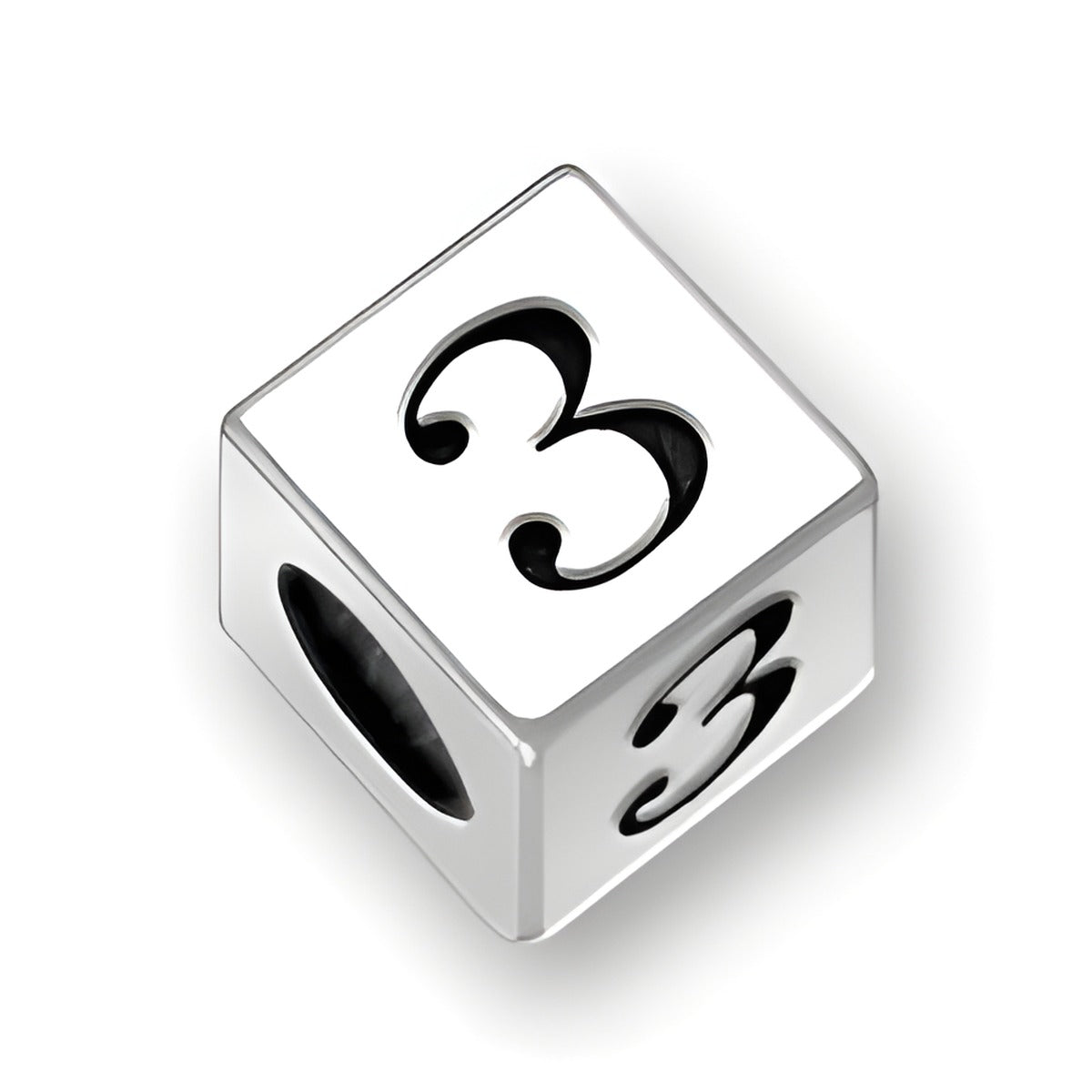 4.5mm square letter block bead in sterling silver featuring the number 3, with a 2mm hole for threading.
