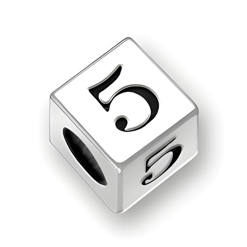 4.5mm square letter block bead in sterling silver featuring the number 5, with a 2mm hole for threading.