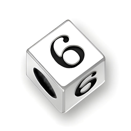 4.5mm square letter block bead in sterling silver featuring the number 6, with a 2mm hole for threading.