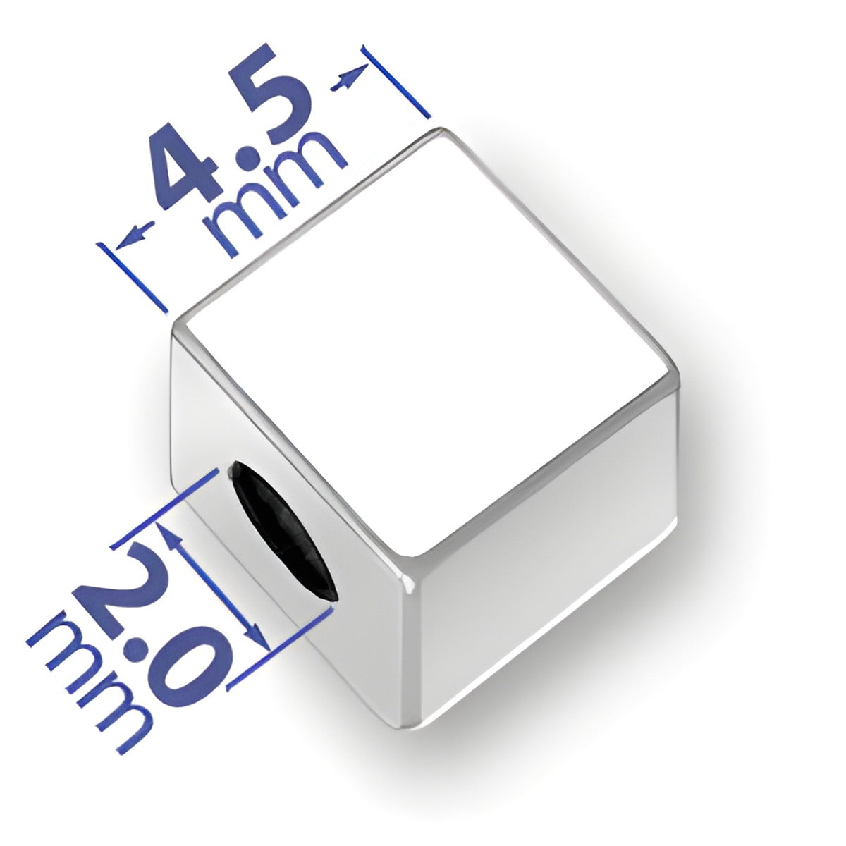 4.5mm square blank letter block bead made of sterling silver, featuring a 2mm hole for threading.