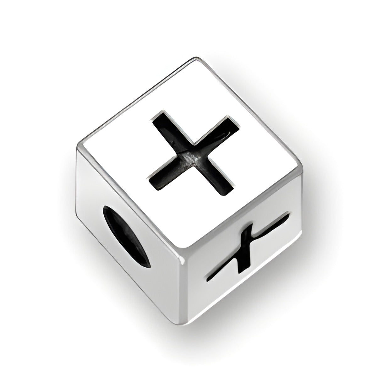 4.5mm Square Letter Block Bead in sterling silver featuring a plus sign symbol on multiple sides, with a 2mm hole.