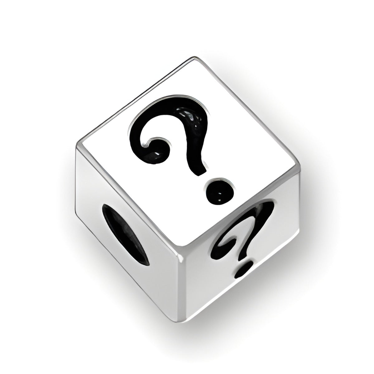 4.5mm square letter block bead in sterling silver featuring a question mark design, with a 2mm hole for threading.