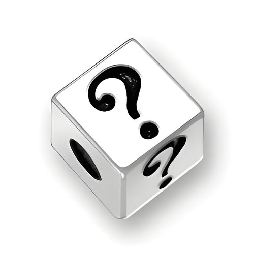 4.5mm square letter block bead in sterling silver featuring a question mark design, with a 2mm hole for threading.