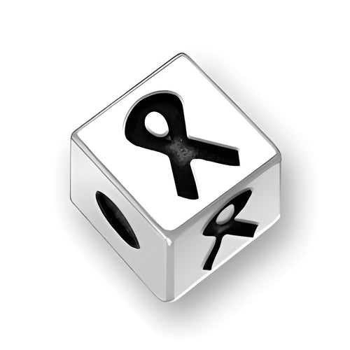 4.5mm square sterling silver letter block bead featuring a ribbon symbol, with a 2mm hole for threading.