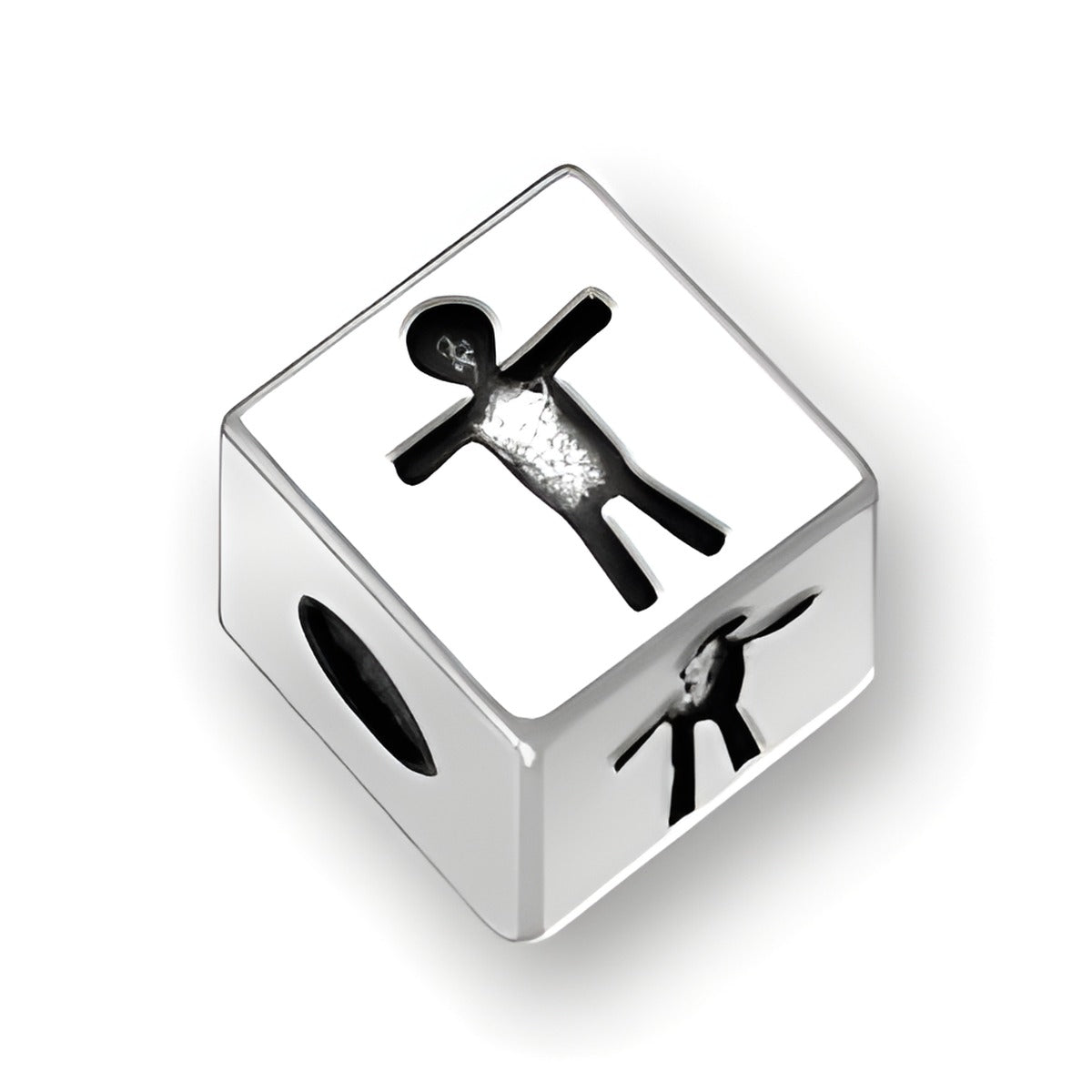 4.5mm square letter block bead in sterling silver featuring a boy symbol design, with a 2mm hole for threading.