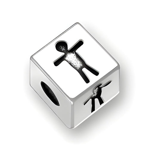 4.5mm square letter block bead in sterling silver featuring a boy symbol design, with a 2mm hole for threading.