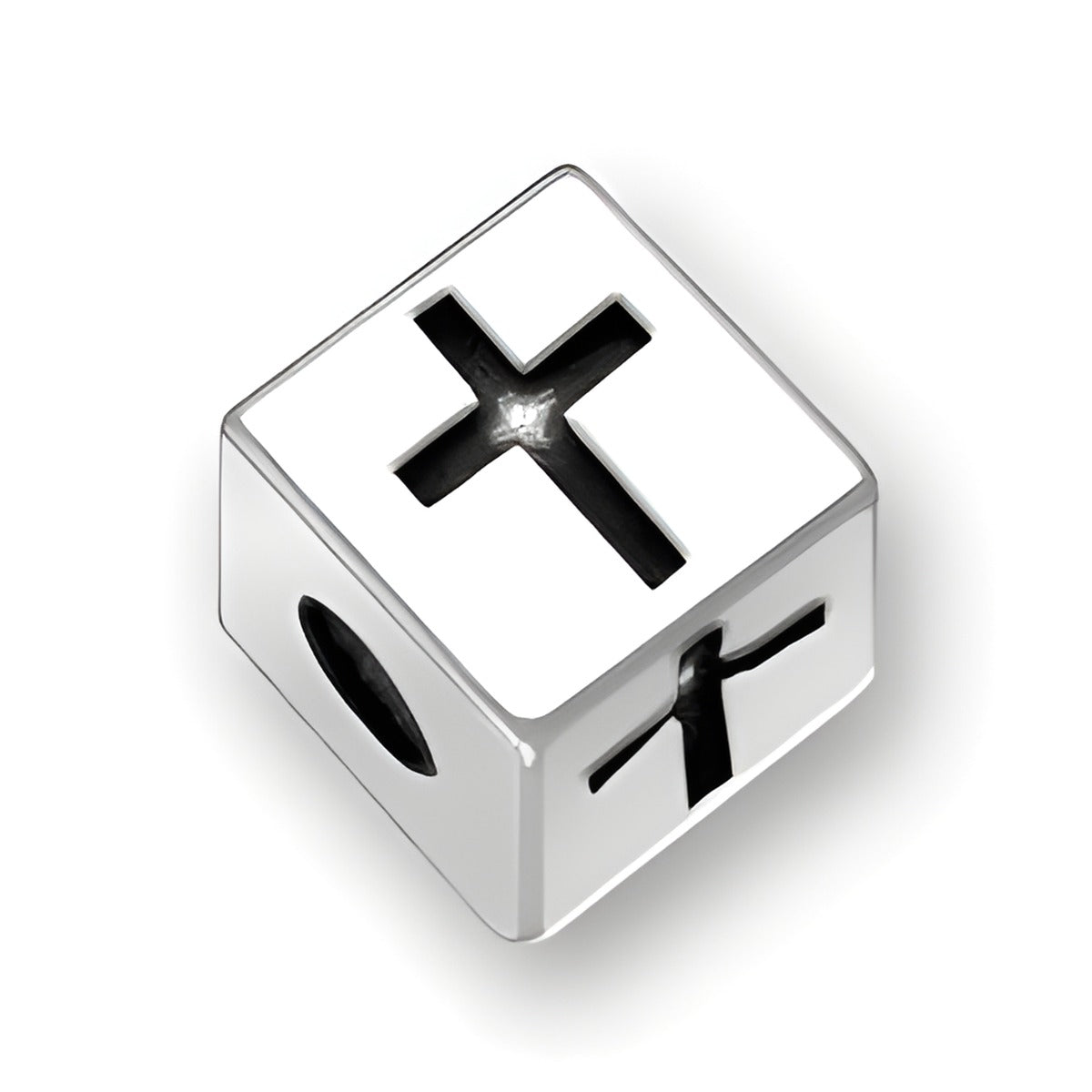 4.5mm square letter block bead in sterling silver featuring cross symbols on two sides, with a 2mm hole.