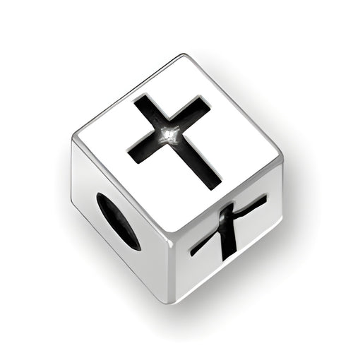 4.5mm square letter block bead in sterling silver featuring cross symbols on two sides, with a 2mm hole.